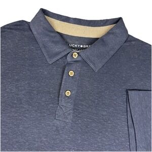 Lucky Brand Polo Shirt Mens Medium Blue Linen Polyester Blend Lightweight Preppy